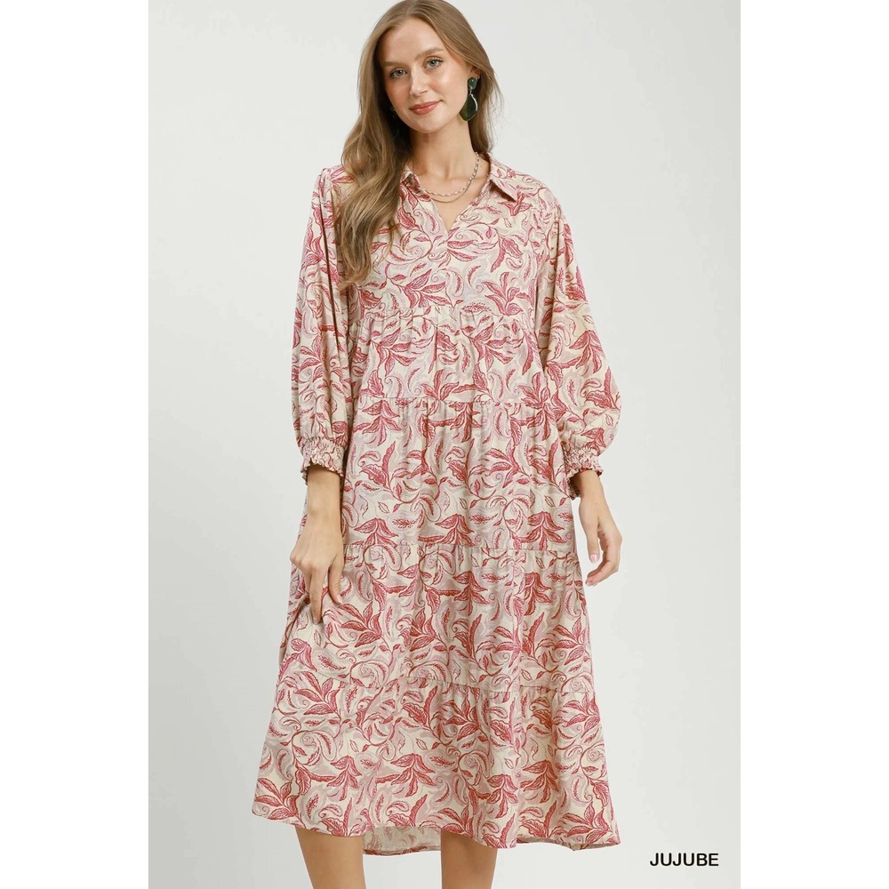 Umgee Linen Botanical Print Tiered Midi Dress - Jujube - Small